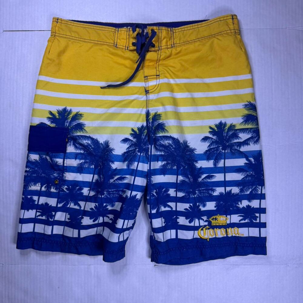 Y2K Corona Extra yellow & blue striped swim trunks with design. Size: XL
